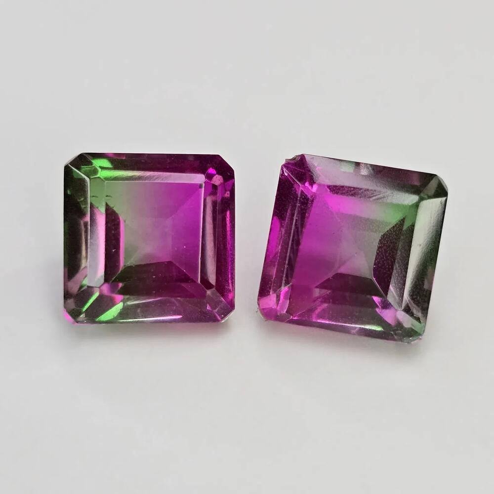 Natural Quartz Doublet Pair, Watermelon Bi-Color, 8.64 ct Total, 9x9mm